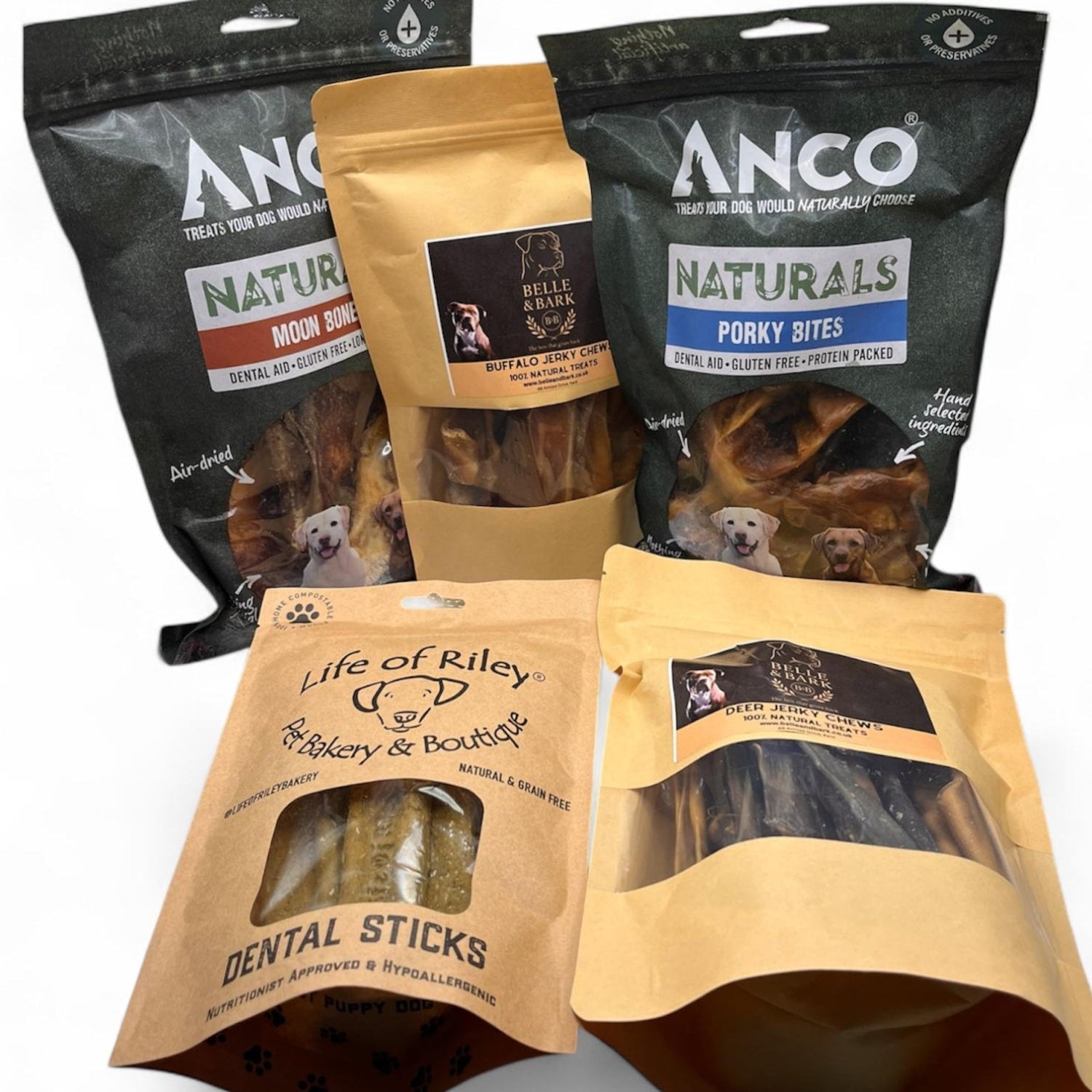 Five packages of Anco Naturals and Life of Riley products on a white background