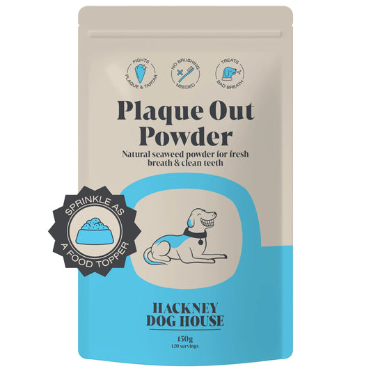 "Natural seaweed dental powder for dogs to reduce plaque and tartar"