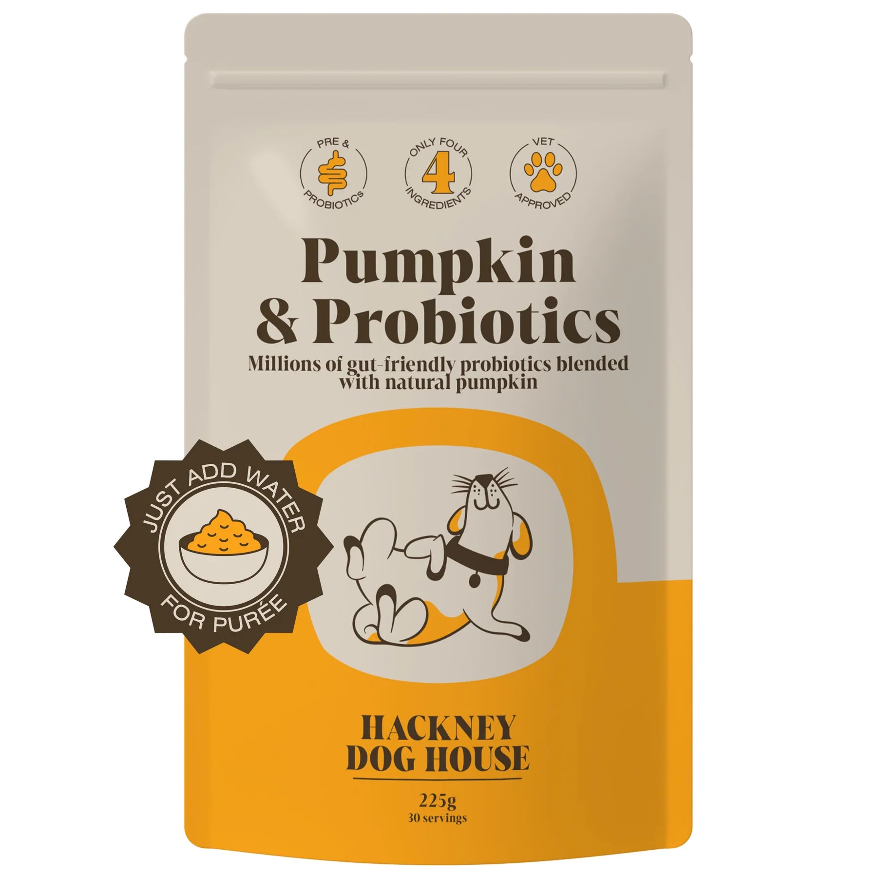"Pumpkin and probiotic powder supplement for dog digestive health"